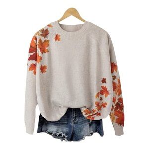 Autumn Leaf Print Sweater - Cream and Orange